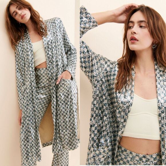 Steve Madden Shae Silver Sequin Longline Duster Jacket | Medium | Anthropologie - Picture 3 of 12